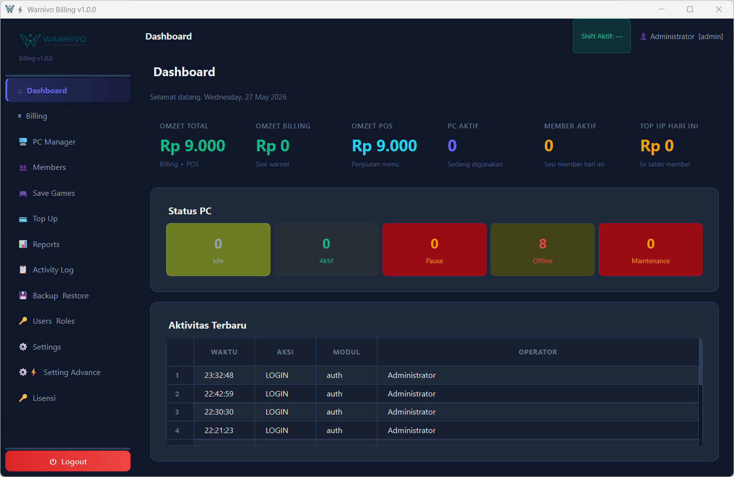 Warnivo Billing Warnet Dashboard