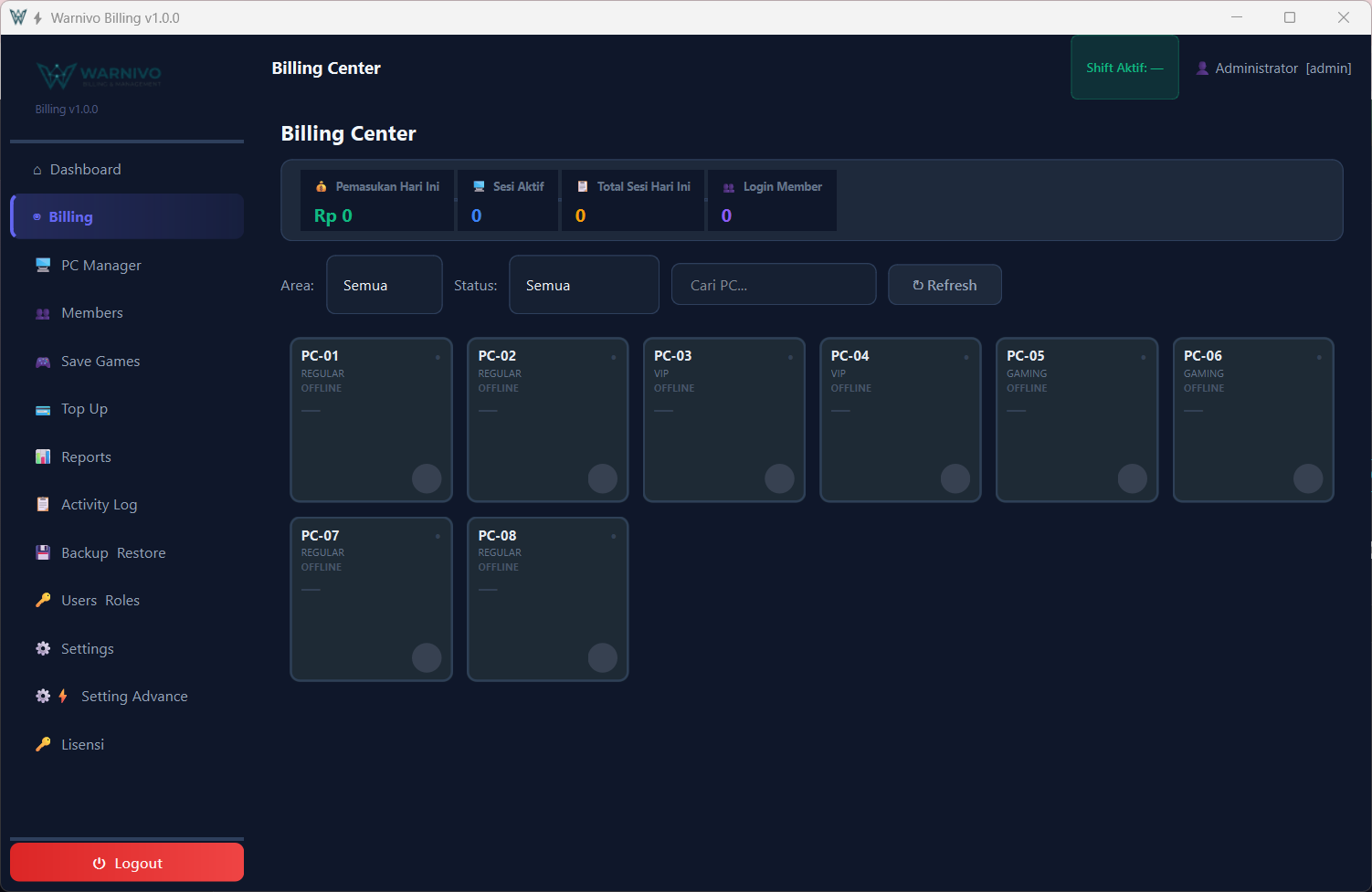 Warnivo Billing Warnet Dashboard